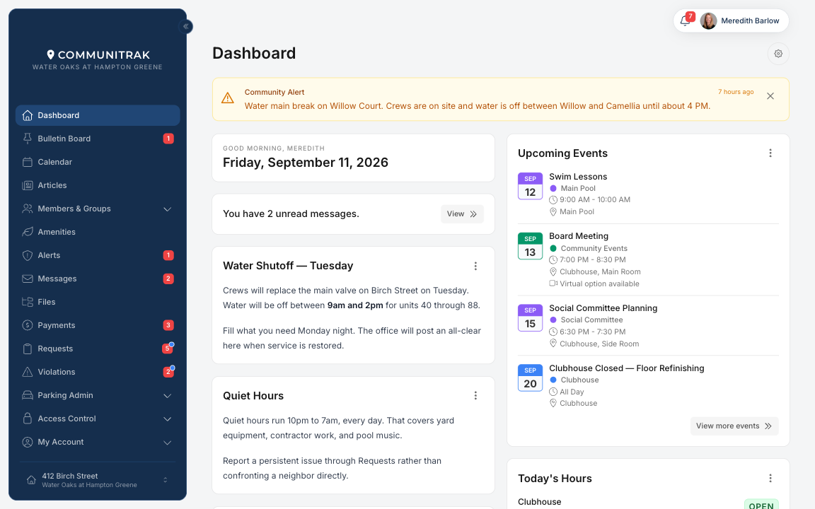 The Communitrak dashboard, showing a community alert, unread messages, notices and upcoming events